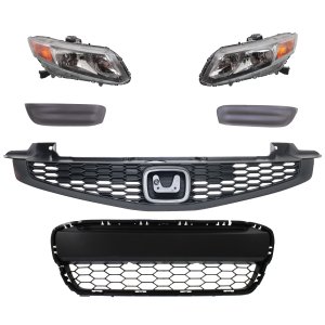 Headlight Assembly Kit for 2012-2012 Honda Civic, Right (Passenger) and Left (Driver), 6-Piece kit, Halogen, with Bumper Grille, Fog Light Cover and Grille Assembly, Replacement