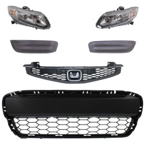 Headlight Assembly for 2013-2013 Honda Civic, Right (Passenger) and Left (Driver), 6-Piece Kit with Bumper Grille, Fog Light Cover, Grille Assembly, Halogen, Replacement