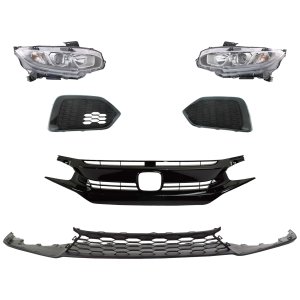 Headlight Assembly for Honda Civic 2017-2018 Right (Passenger) and Left (Driver), 6-Piece kit with Bumper Grille, Fog Light Cover and Grille Assembly, Halogen, Replacement