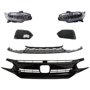 Headlight Assembly Kit for 2017-2019 Honda Civic with Right (Passenger) & Left (Driver) LED, 6-Piece includes Bumper Grille, Fog Light Cover and Grille Assembly Replacement
