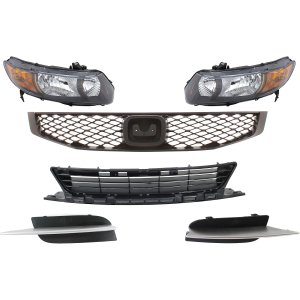 Headlight for 2009 Honda Civic, Right (Passenger) and Left (Driver), 6-Piece Kit with Lens and Housing, Halogen, Includes Bumper Grille, Fog Light Cover and Grille Assembly Replacement