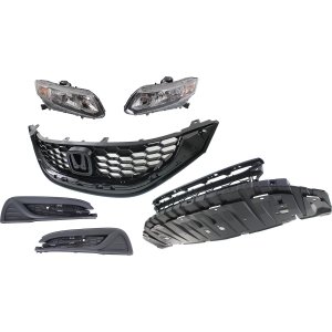 Headlight Assembly Kit for 2013-2015 Honda Civic, Includes Right (Passenger) and Left (Driver) Lights, 6-Piece Set with Bumper Grille, Fog Light Cover and Grille, Halogen, Replacement