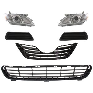 Headlight Kit for 2007-2009 Toyota Camry, Right (Passenger) and Left (Driver), 6-Piece, includes Lens and Housing, Halogen, with Bumper Grille, Fog Light Cover and Grille Assembly Replacement