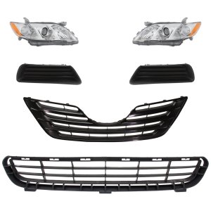 Headlight Kit for 2007-2009 Toyota Camry, Right (Passenger) and Left (Driver), 6-Piece Set, Lens and Housing, Halogen, with Bumper Grille, Fog Light Cover, and Grille Assembly Replacement