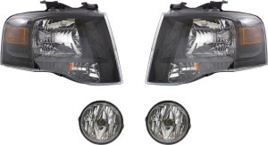 Headlight Assembly Kit for Ford Expedition 2007-2014, Right (Passenger) and Left (Driver), Halogen, 4-Piece with Fog Lights, Replacement
