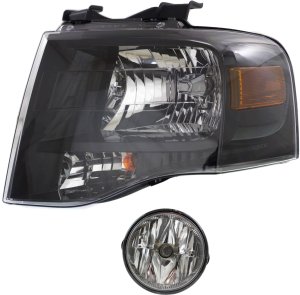 Headlight Assembly Kit for Ford Expedition 2007-2014, Left (Driver) Side, 2-Piece Halogen Set with Fog Light, Replacement