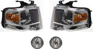 Headlight Assembly Kit for Ford Expedition 2007-2014, Right (Passenger) and Left (Driver), Halogen, 4-Piece Kit with Fog Lights, Replacement