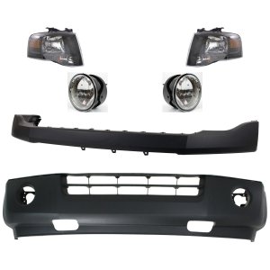 Front Bumper Cover Kit for 2007-2014 FORD EXPEDITION, 6-Piece Kit Includes Upper and Lower Covers, Headlights, and Fog Lights, Replacement Set
