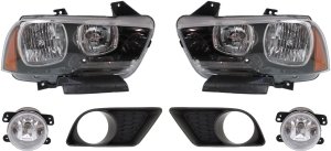 Headlight Assembly for Dodge Charger (2011-2014), Right (Passenger) and Left (Driver), Halogen, 6-Piece kit, Including Fog Light Trims and Fog Lights, Replacement