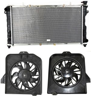 Radiator 3-Piece Kit with Right (Passenger) and Left (Driver) Cooling Fans for 2001-2004 Chrysler Caravan, Grand Caravan, Town & Country, Replacement