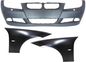 Front Bumper Cover for BMW 3-Series 2006-2008, 3-Piece Kit with Fenders, Replacement