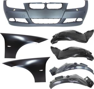 Front Bumper Cover Kit for 2006-2008 BMW 3-Series, 7-Piece with Fenders and Fender Liners, Replacement 318i, 320i, 325i, 330i, 335i.