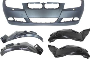 Front Bumper Cover Kit for 2006-2008 BMW 3-Series, 5-Piece with Fender Liners, Replacement Fits: 325i, 325xi, 330i, 330xi