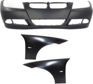 Front Bumper Cover 3-Piece Kit with Fenders for 2006-2008 BMW 3-Series, Replacement Models: for 325i, 325xi, 328i, 328xi, 330i, 330xi, 335i, 335xi.