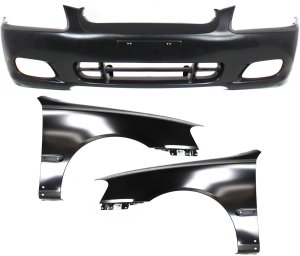 Front Bumper Cover Kit for 2000-2002 Hyundai Accent, 3-Piece Kit Includes Fender, Replacement