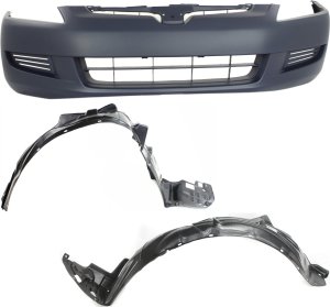 Front Bumper Cover 3-Piece Kit with Fender Liner for 2003-2005 Honda Accord, Suitable for 4 Cylinder/6 Cylinder Coupe, Replacement