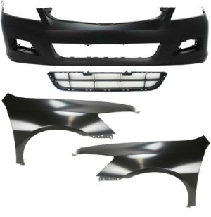 Front Bumper Cover Kit for 2006-2007 Honda Accord, 4-Piece Set with Bumper Grille and Fenders, Replacement