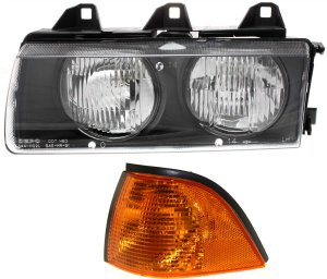 Headlight Assembly for BMW 3-Series 1992-1999, Left (Driver) Side, Halogen, 2-Piece Kit, with Corner Light, Replacement Models: for 318i, 318is, 323i, 323is, 325i, 325is, 328i, 328is, M3