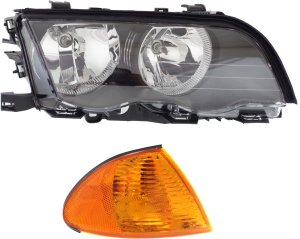 Headlight Assembly Kit for BMW 3-Series (1999-2001) Right (Passenger) Side, Halogen, 2-Piece Kit with Corner Light, Replacement Models: for 318i, 320i, 323i, 328i, 330i