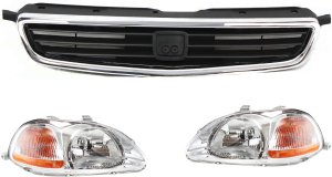 Headlight Kit for 1996-1998 Honda Civic, Right (Passenger) and Left (Driver), Lens and Housing, Halogen, 3-Piece with Grille Assembly, Replacement