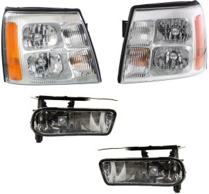Headlight Assembly Kit for 2002 Cadillac Escalade/Escalade EXT, Right (Passenger) and Left (Driver), Halogen, 4-Piece Set with Fog Lights, Replacement