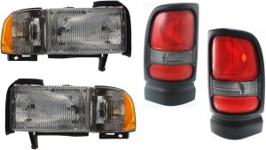 Headlight and Tail Light Kit for Dodge Full Size Pickup 1994-2002, Right (Passenger) and Left (Driver), Includes Bulbs, 4-Piece Kit, Replacement