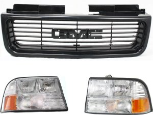 Headlight Assembly Kit for GMC Jimmy (1998-2005), Sonoma (1998-2004) Right (Passenger) & Left (Driver), 3-Piece Halogen Light with Grille Assembly, Replacement