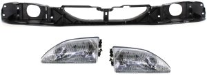 Headlight Assembly for Ford Mustang 1994-1998, Right (Passenger) and Left (Driver), Halogen, 3-Piece Kit with Header Panel, Replacement