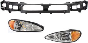 Headlight Assembly for Pontiac Grand AM 1999-2005 Right (Passenger) and Left (Driver), 3-Piece kit with Halogen Light and Header Panel, Replacement