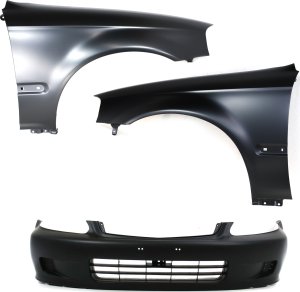 Front Bumper Cover for 1999-2000 Honda Civic, 3-Piece Kit with Fenders, Replacement
