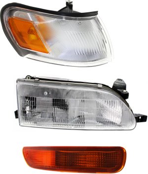Headlight Assembly Kit for 1993-1997 Toyota Corolla, Right (Passenger) Side, Halogen, 3-Piece with Corner Light and Turn Signal Light, Replacement
