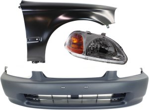 Front Bumper Cover 3-Piece Kit for 1996-1998 Honda Civic, Includes Fender and Headlight, Replacement