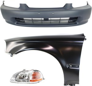 Front Bumper Cover for Honda Civic 1996-1998, 3-Piece Kit with Fender and Headlight, Replacement