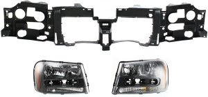 Headlight Assembly Kit for 2002-2009 Chevrolet Trailblazer, 2002-2006 Trailblazer EXT, Right (Passenger) and Left (Driver), Halogen, 3-Piece with Header Panel, Replacement