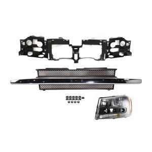 Headlight Assembly Kit for 2002-2009 Chevrolet Trailblazer/Trailblazer EXT, Left (Driver) Side, Halogen, 3-Piece set with Grille Assembly and Header Panel, Replacement