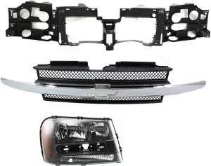 Headlight Assembly Kit for Chevrolet Trailblazer/Trailblazer EXT 2002-2009, Right (Passenger) Halogen, 3-Piece Kit with Grille Assembly and Header Panel Replacement