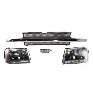Headlight Assembly Kit for Chevrolet Trailblazer/Trailblazer EXT 2002-2009, Right (Passenger) and Left (Driver), Halogen, 3-Piece Kit, with Grille Assembly Replacement