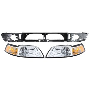 Headlight Assembly Kit for Ford Mustang 1999-2000, Includes Right (Passenger), Left (Driver) Halogen Headlights and Header Panel, 3-Piece Replacement