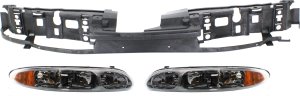 Headlight Assembly Kit for Oldsmobile Alero 1999-2004, Right (Passenger) and Left (Driver) Halogen Lights, 3-Piece Kit with Header Panel, Replacement