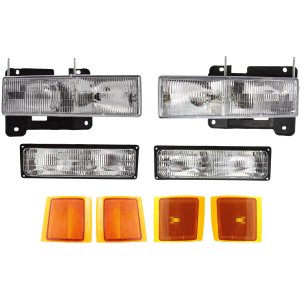Headlight Assembly Kit for Chevrolet C1500/K1500 Suburban 1994-1999, Right (Passenger) and Left (Driver), 8-Piece Halogen with Reflectors, Side Markers, Turn Signal Lights, Replacement