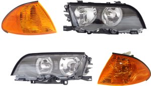 Headlight Kit for BMW 3-Series (1999-2001), Right (Passenger) and Left (Driver) with Bulbs and Corner Lights, 4-Piece Set, Replacement. Fits: 323i, 325i, 328i, 330i.