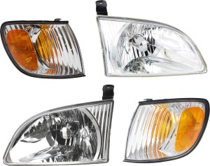 Headlight Kit for 2001-2003 Toyota Sienna, Right (Passenger) and Left (Driver), with Bulbs and Corner Lights, 4-Piece Replacement