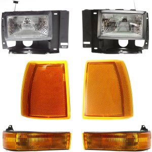Headlight Assembly for 1989-1992 Ford Ranger, 1991-1994 Explorer, Right (Passenger) and Left (Driver), Halogen, with Corner and Turn Signal Lights, 6-Piece kit, Replacement