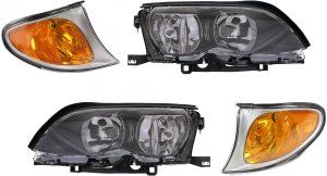 Headlight Assembly Kit for BMW 3-Series 2002-2005, Right (Passenger) and Left (Driver), 4-Piece, Halogen, Amber Lens, Titanium/Gray Interior, Sedan/Wagon, Titanium Surround Trim Corner Lights Replacement