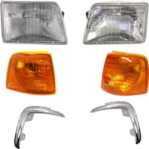 Headlight Kit for Ford Ranger 1993-1994 Right (Passenger) and Left (Driver), with Bulbs, 6-Piece Set, Includes Corner Lights and Grille Assembly Replacement