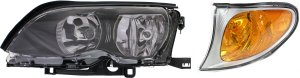 Headlight Assembly Kit for BMW 3-Series 2002-2005, Left (Driver), 2-Piece, Halogen, Amber Lens, Titanium/Gray Interior, Sedan/Wagon, with Titanium Surround Trim Corner Light, Replacement Models: for 325i, 330i, M3