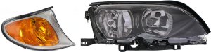 Headlight Assembly Kit for 2002-2005 BMW 3-Series, Right Passenger, 2-Piece Halogen Light with Amber Lens, Titanium/Gray Interior, Sedan/Wagon, Titanium Surround Trim Corner Light - Replacement