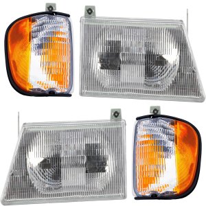 Headlight Kit with Bulbs and Corner Lights for 1997-2003 Ford Econoline Van, Right (Passenger) and Left (Driver), 4-Piece Set, Replacement