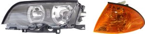 Headlight Assembly Kit for BMW 3-Series 1999-2001, Left (Driver) Side, Halogen, 2-Piece Kit with Corner Light, Replacement Models: for 318i, 320i, 323i, 325i, 328i, 330i, M3.