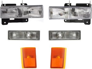 Headlight Assembly Kit for Chevrolet C/K Full Size Pickup 1990-1993, Right (Passenger) and Left (Driver), Halogen, 6-Piece Kit, with Side Markers and Turn Signal Lights, Replacement
